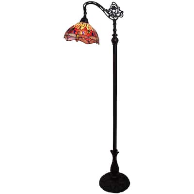 Black and Red Metal Torchiere Floor Lamp with Stained Glass Dome Shade - 10” x 10” x 61” (D x W x H)