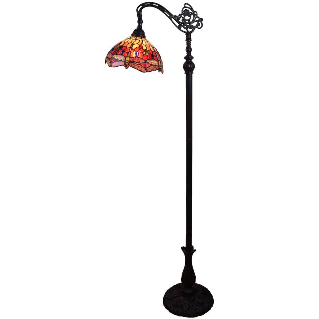 Black and Red Metal Torchiere Floor Lamp with Stained Glass Dome Shade - 10” x 10” x 61” (D x W x H)