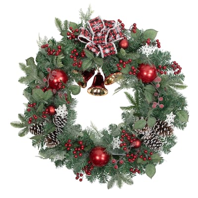 Red Bells Mixed Foliage Artificial Christmas Wreath, 30-Inch, Unlit