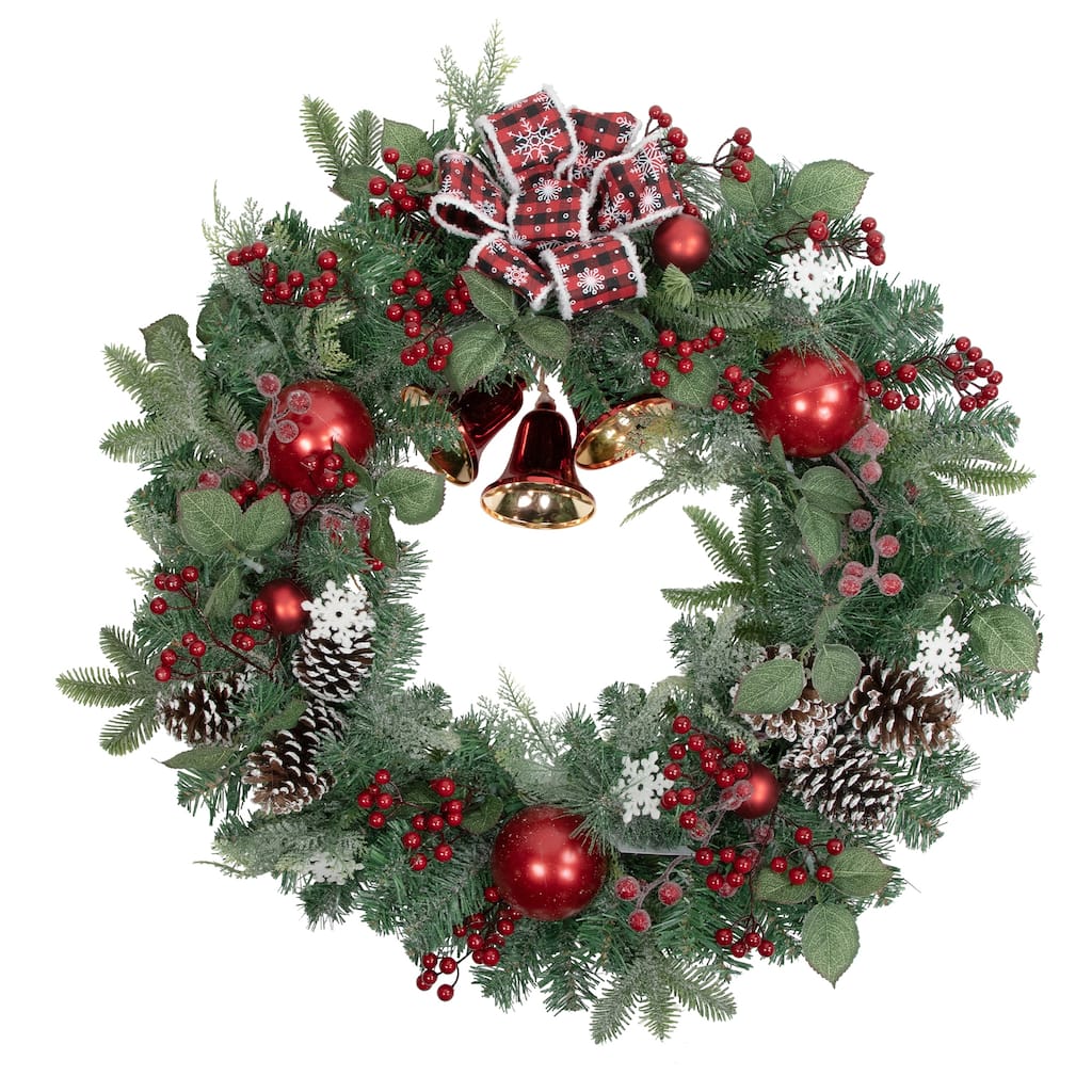 Red Bells Mixed Foliage Artificial Christmas Wreath, 30-Inch, Unlit