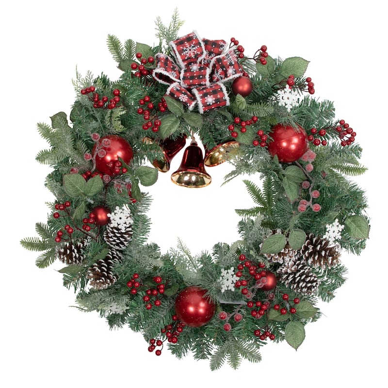 Red Bells and Mixed Foliage Artificial Christmas Wreath 30-Inch Unlit - 30"