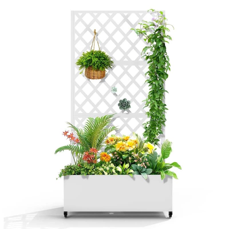 White Metal Raised Garden Bed Planter Box with Trellis Wheels for Indoor Outdoor - 35'' W X 16'' D x 73” H