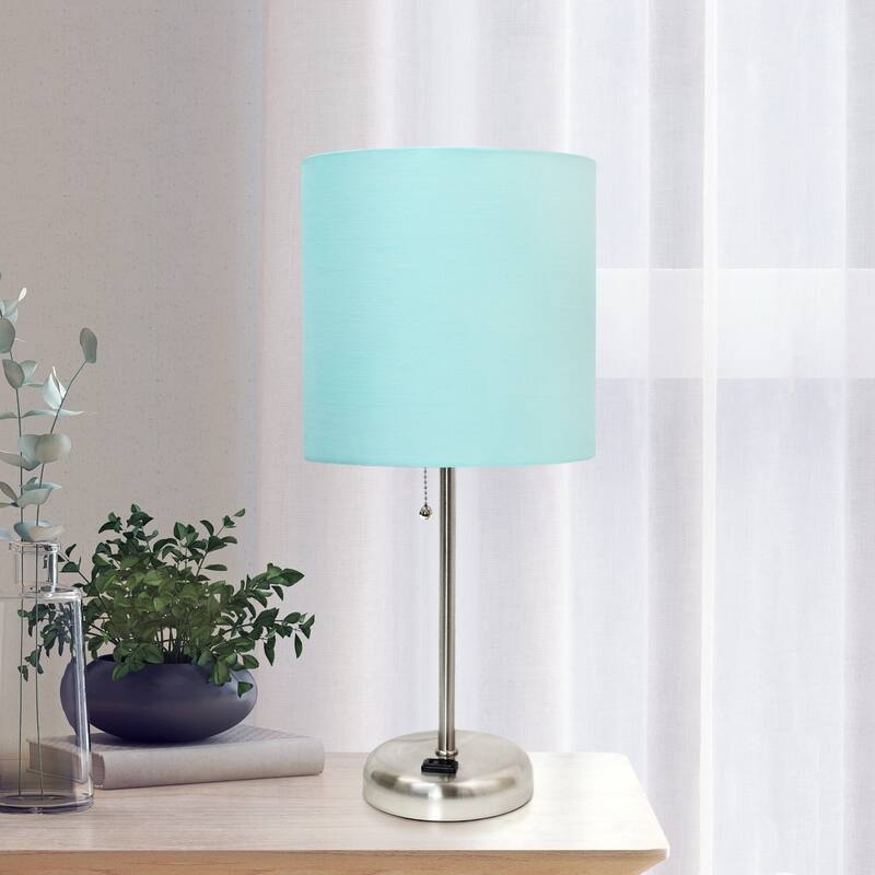 Brushed Steel Bedside Table Desk Lamp with Drum Shade - 19.5" - Silver and Aqua Blue