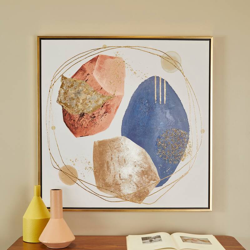Multi Colored Canvas Handmade Overlapping Circle Abstract Framed Wall Art with Gold Frame and Gold Foil Detailing - Multi-Color