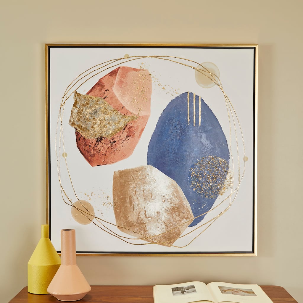 Multi Colored Canvas Handmade Overlapping Circle Abstract Framed Wall Art with Gold Frame and Gold Foil Detailing - Multi-Color