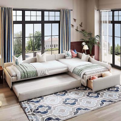 Linen Upholstered Double Twin Size Daybed with Trundle and Drawer