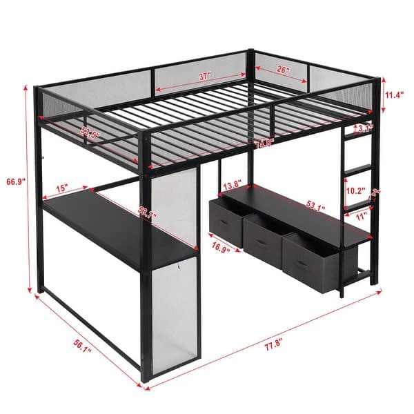 dimension image slide 1 of 2, Full Size Gaming Loft Bed with LED Light and Desk, Metal Kids Teens Bed Frame with Clothes Rod and 3 Storage Drawers