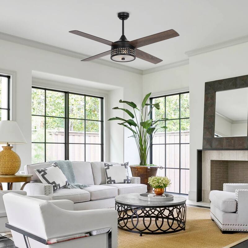 52" Wood 4-Blade Matte Black Crystal Ceiling Fan with Remote