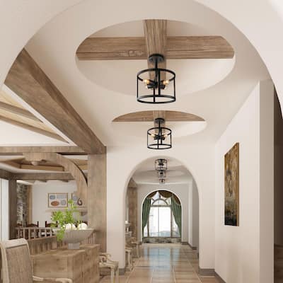 Raretta Modern Black 4-Light Metal Drum Farmhouse Lantern Semi-flush Ceiling Light for hallway - W11.8"xH13.2"