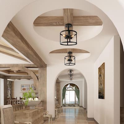 Raretta Modern Farmhouse 4-Light Semi-Flush Mount Black Drum Ceiling Light for Hallway