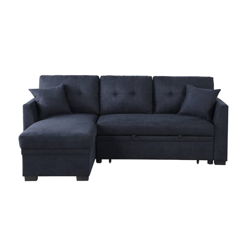Black Velvet Sectional Sofa Bed with USB, Reversible, Pull Out, Storage Chaise, 82x53x34 inches, 187 lbs
