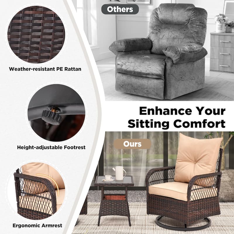 3-Piece Outdoor Rocking/Swivel Chair Set - PE Rattan Patio Furniture with Cushions & Coffee Table, Rocker Chairs for Backyard