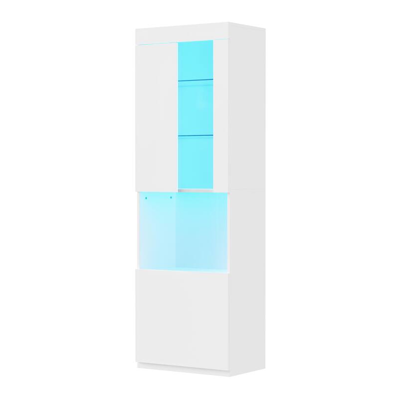 High Gloss Storage Cabinet with LED Lights and Acrylic Door, Tall Pantry Display Cabinet - 21.6" W × 13.7" D × 66.9" H