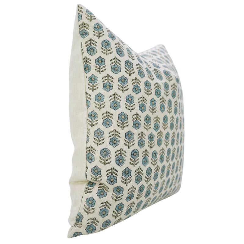 Fabdivine Blue Home Accent Pillow Cover with Floral Block Print for Farmhouse Fall or Dining Décor Linen 20x20 Inch, Tulsi Buti