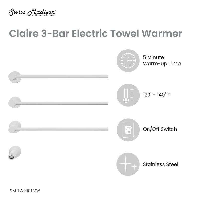 Claire 3-Bar Electric Towel Warmer In Matte White - 19.69" x 40.94" x 4.45"