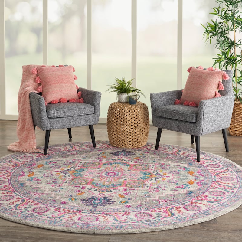 Nourison Cayuga Oushak Boho Medallion Area Rug - 8' x Round - Light Grey/Pink