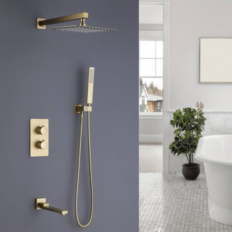 Luxury 3-way Pressure-Balance Complete Rain Shower System with Handheld & Faucet in Black / Gold - Brushed Gold
