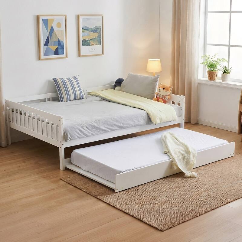 Twin Size Wood Bed with Trundle, Light Strip, Charging Station and Guardrail - Twin - White