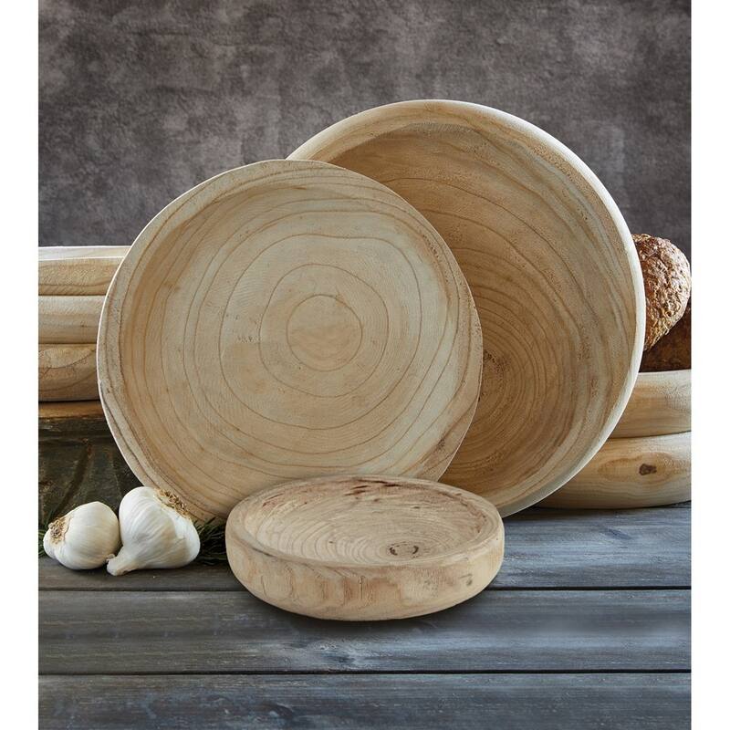 Curata Natural Finish Hand-Carved Medium Paulownia Wood Bowl