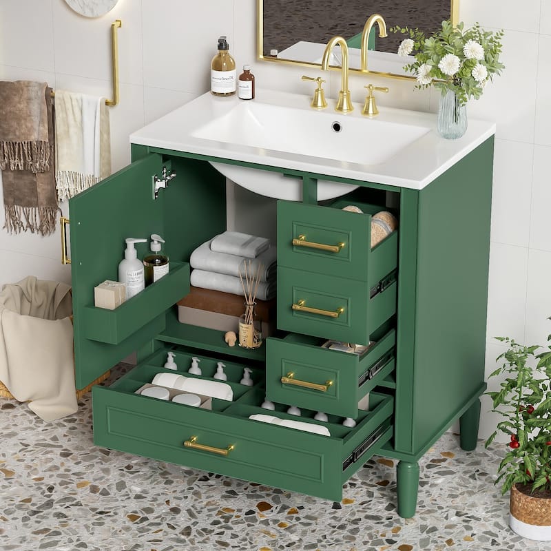 30" Bathroom Vanity with Ceramic Sink, Soft-Close Door and Deep Drawer - Green