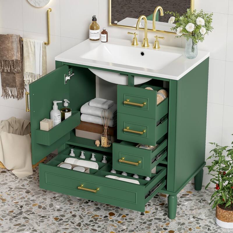 30" Bathroom Vanity with Ceramic Sink Combo, Soft-Close Door Bathroom Storage Cabinet with 3 Drawers