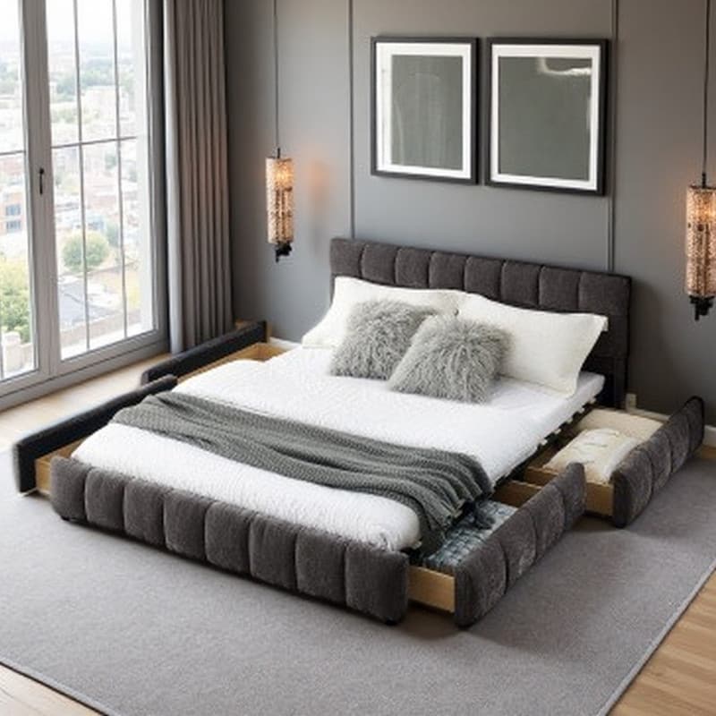 Queen Upholstered Bed with Storage Drawers, Soft Chenille Fabric Frame, Modern Platform Bed with Headboard Design