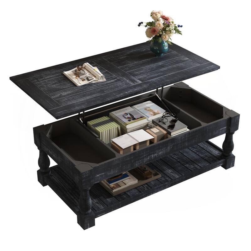 Farmhouse Lift Top Coffee Table with Fixed Shelf - 3 Hidden Storage Trays