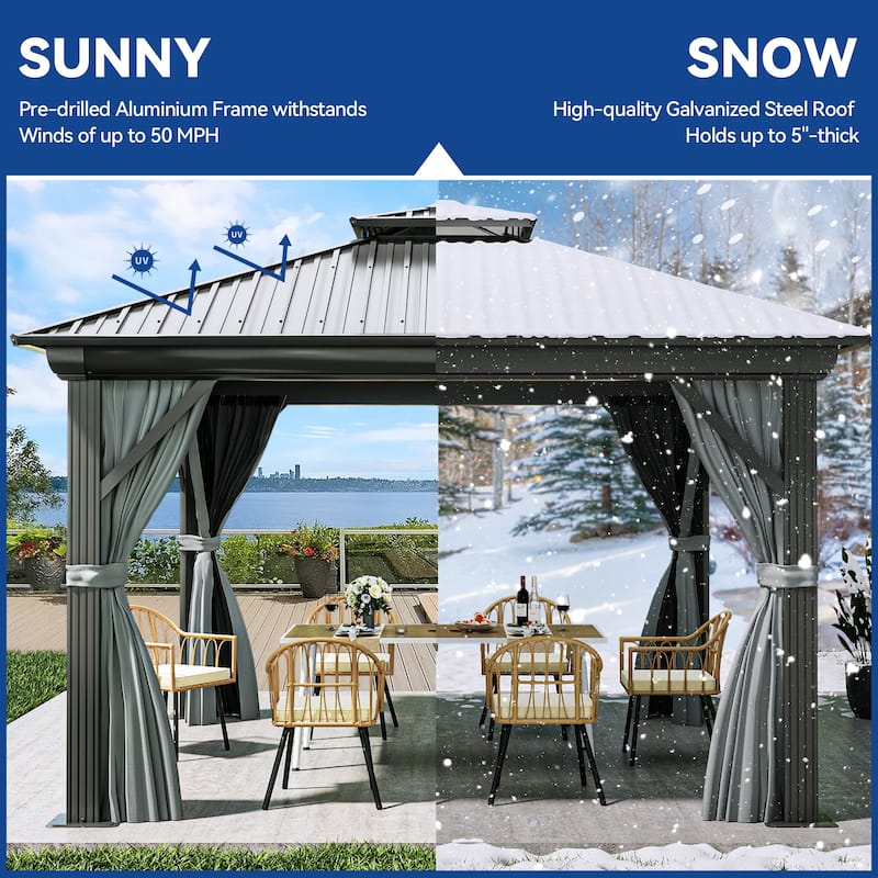 2-Tier Galvanized Aluminum Hardtop Canopy Gazebo with Netting and Curtains