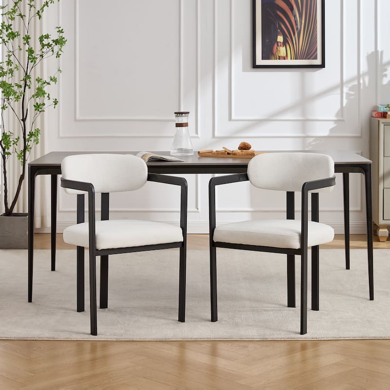 Modern Dining Room Chairs Set of 2, Mid-Century Upholstered Boucle Kitchen Dining Chairs with Black Metal Legs - Beige+Black