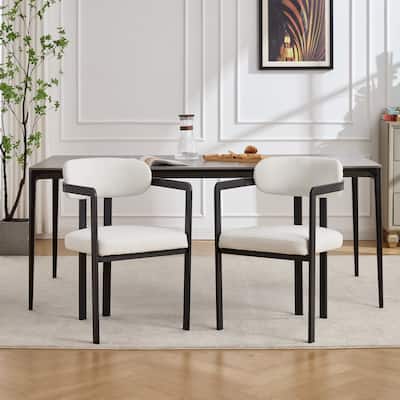 Modern Dining Room Chairs Set of 2, Mid-Century Upholstered Boucle Kitchen Dining Chairs with Black Metal Legs