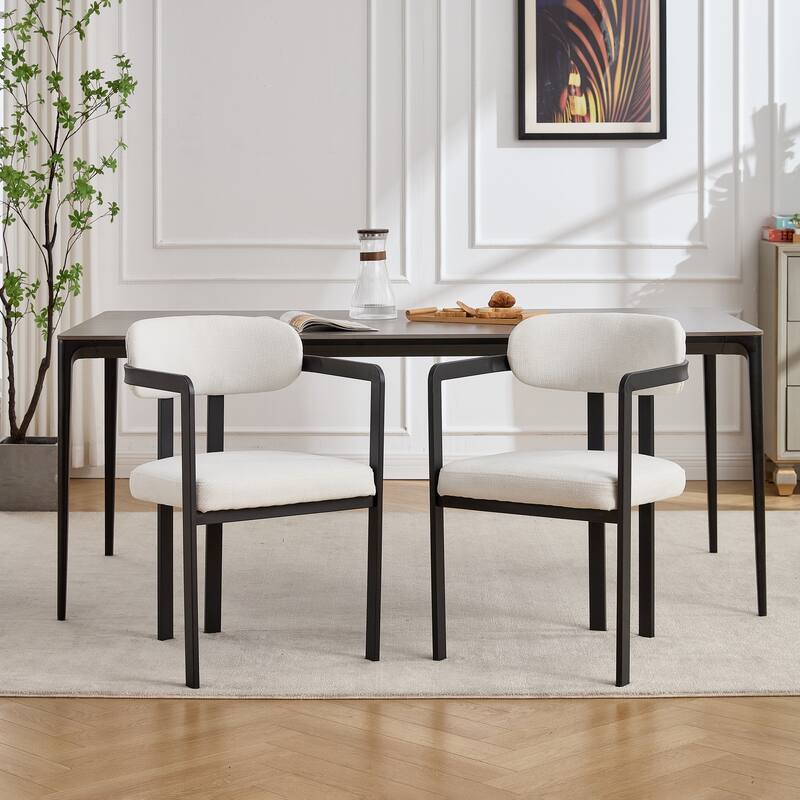 Modern Upholstered Dining Chairs Set of 2 with Black Metal Legs and Curved Backrest - Beige