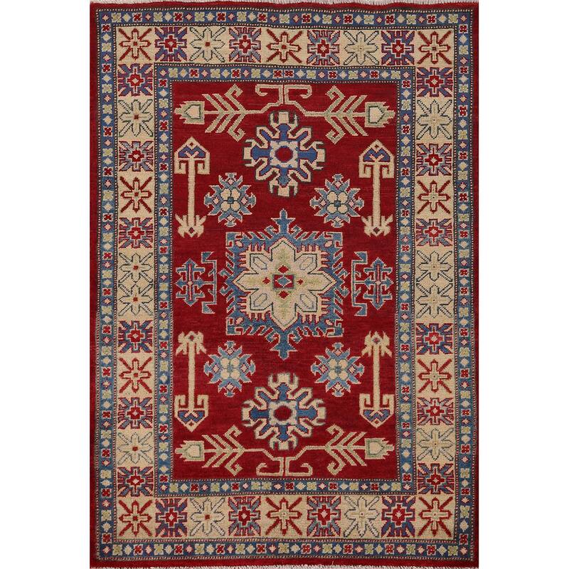 Red Geometric Kazak Foyer Rug Handmade Traditional Wool Carpet - 3'5" x 4'11"