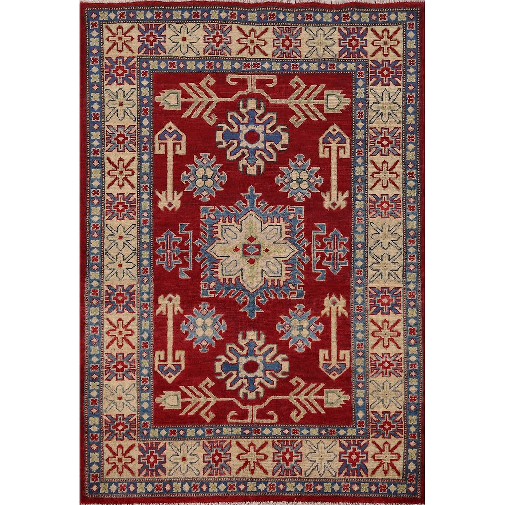 Red Geometric Kazak Foyer Rug Handmade Traditional Wool Carpet - 3'5" x 4'11"
