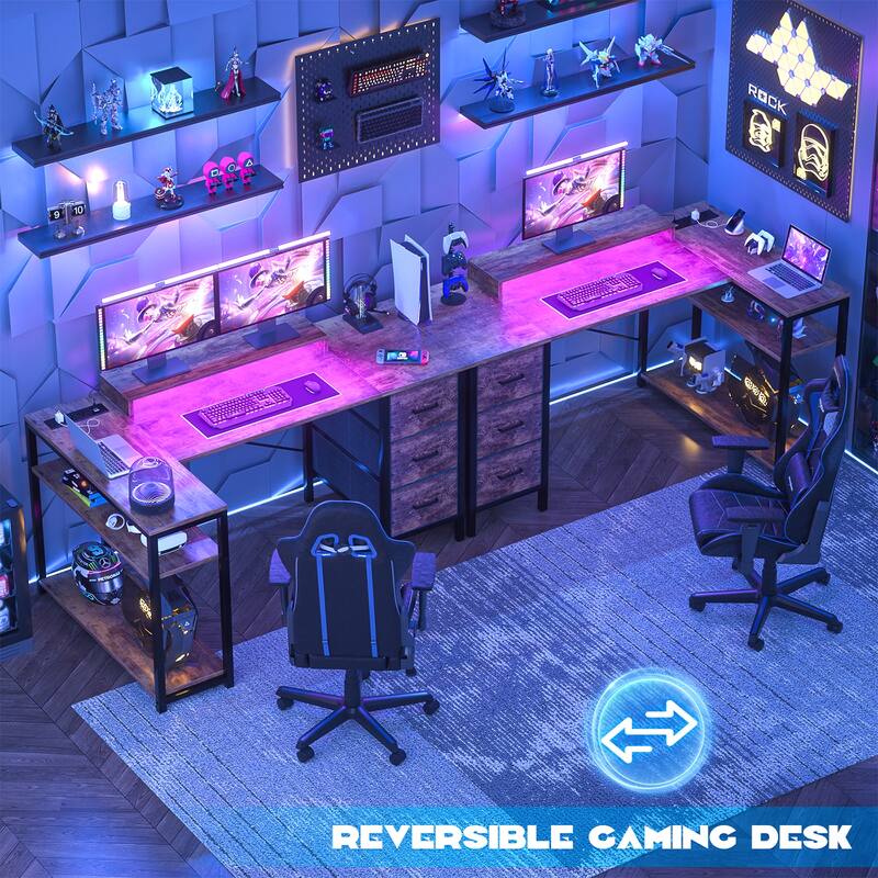 Reversible 53'' L Shaped Computer Desk with Power Outlets & LED Lights,Gaming Desk with 3 Drawers & Monitor Stand