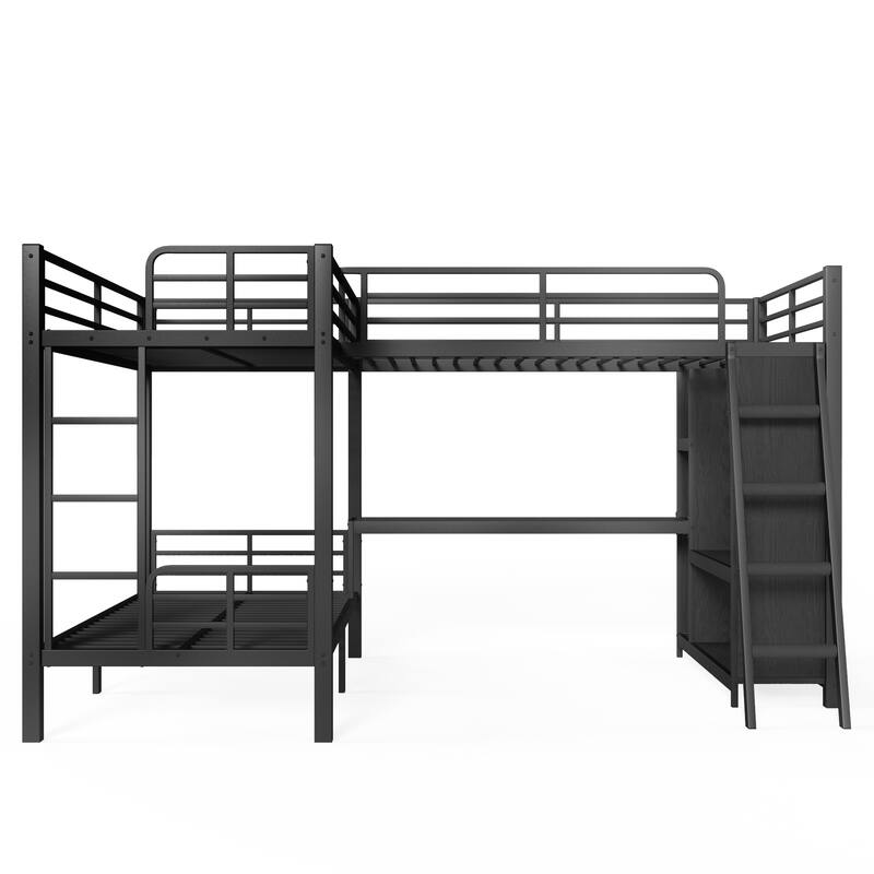 L-shaped Triple Bunk Bed with Desk and Wardrobe, Twin XL over Twin XL Bunk Bed with an Attached Full Loft Bed