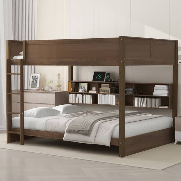 slide 2 of 17, Queen over Queen Bunk Bed with Storage Cabinets and USB Ports, Antique Wood Color Natural