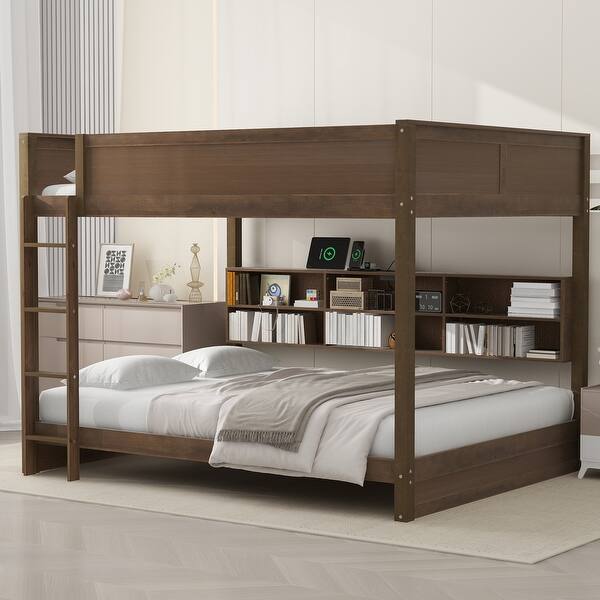 slide 2 of 24, Queen over Queen Size Bunk Bed with Ladder and Cabinets, Multifunctional Kids Teens Storage Bed Frame with USB Port Antique Wood