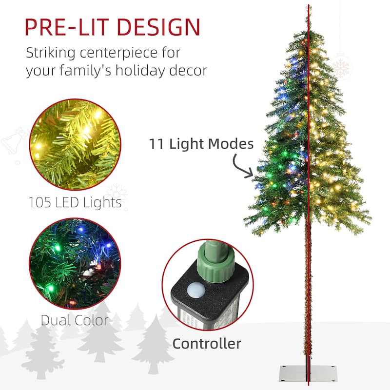 HOMCOM Pre-Lit Pencil Artificial Tree - Warm White/Colorful LED Lights, Steel Base - Green