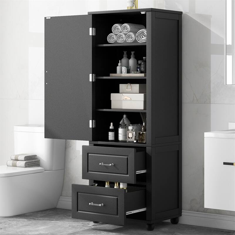 Tall Freestanding Bathroom Storage Cabinet with Two Drawers - Black