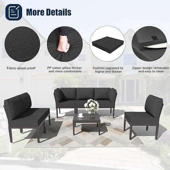 Kullavik 7 Piece Outdoor Furniture Set, Modern Metal Sectional Sofa with Thick Cushions and Coffee Table