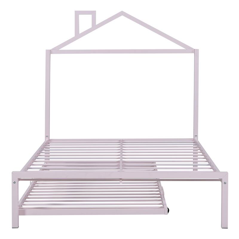 Metal Platform Bed with Twin Size Trundle,House-Shaped Headboard