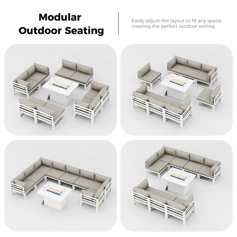 9-Piece Aluminum Outdoor Furniture Set With Fire Pit Table Propane/Natural Gas 60,000 BTU, Extra Large Aluminum Patio Sectional