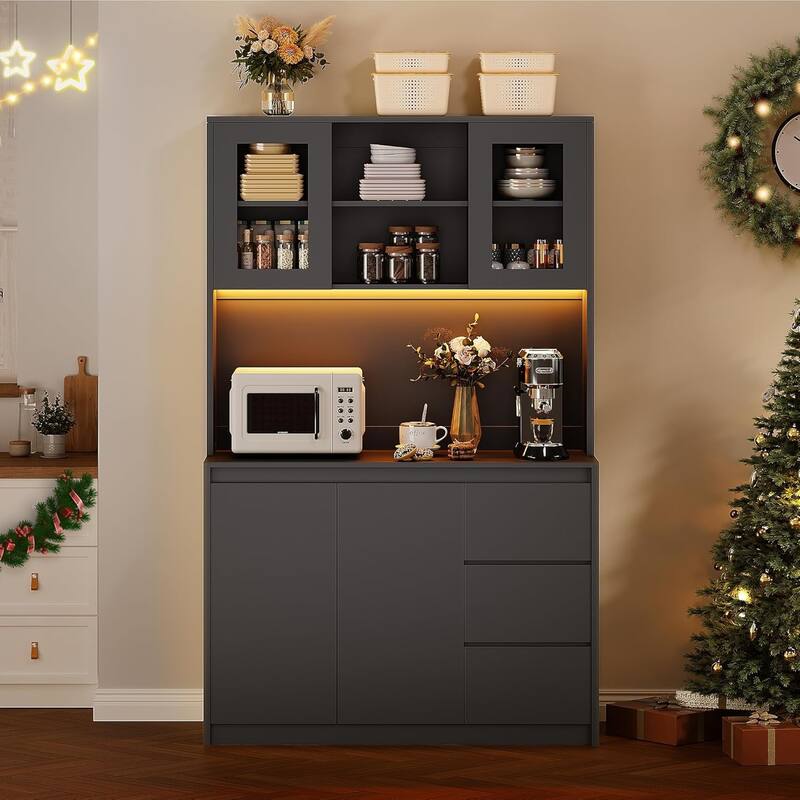 Kitchen Pantry Cabinet , Tall Storage Cabinet with Countertop and LED Lights