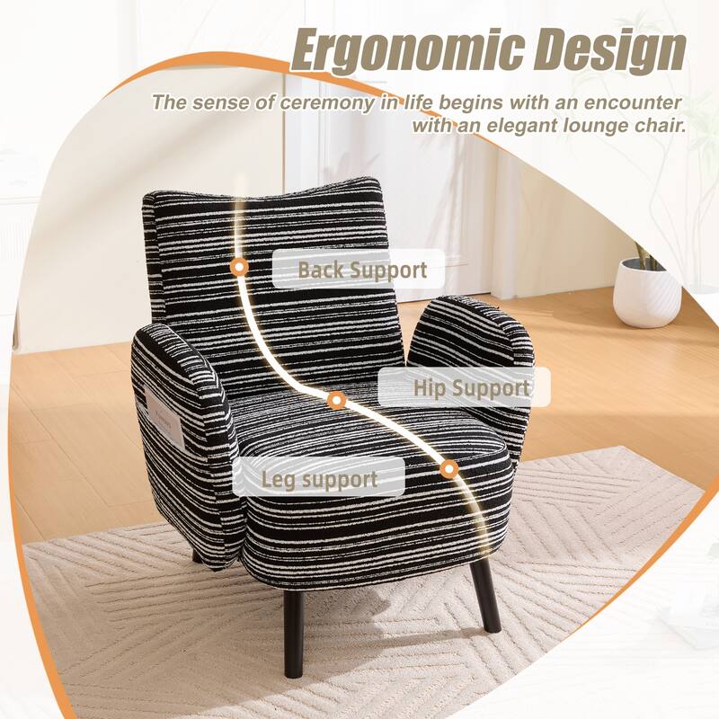 HOMEFUN Boucle Upholstered Stripes Comfortable Wood Frame Single Armchair with Side Pocket