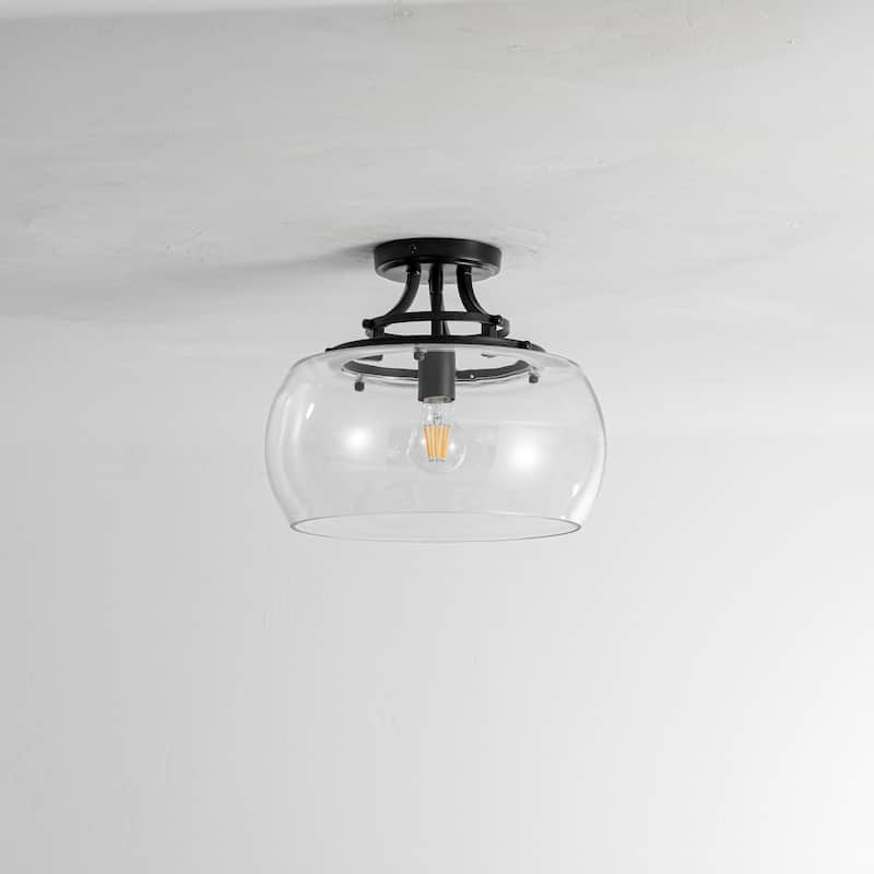 1-Light 13.8" W Modern Schoolhouse Matte Black Semi-Flush Mount Ceiling Light with Clear Dome Glass Shade for Bedroom