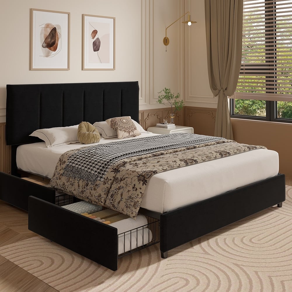 VECELO Bed Frame with 4 Storage Drawers, Upholstered Platform Bed Frame with Adjustable Headboard