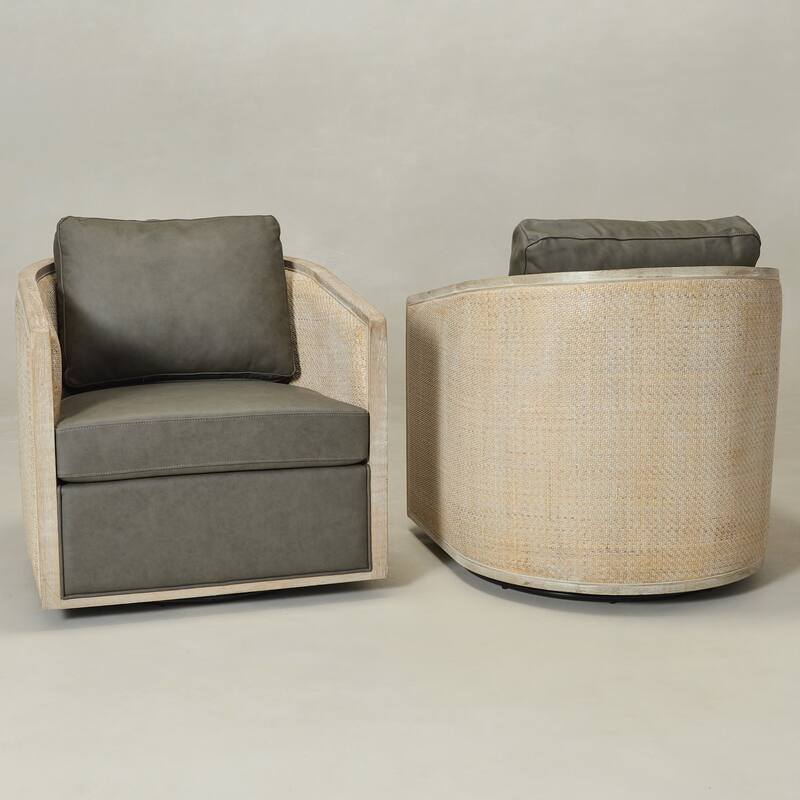 KINWELL 31"W Oak Frame Upholstered Swivel Barrel Armchair
