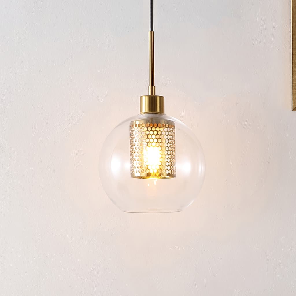 SAFAVIEH Lighting Ingela Extendable Pendant - 8 In. W x 8 In. D x 15-74 In. H - Clear/Brass - 8Wx8Dx74H