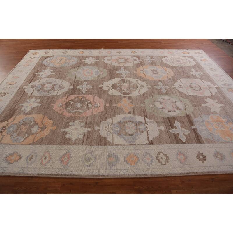 Hand Knotted Oriental 100% Wool Carpet Transitional Geometric Brown Oushak Area Rug - 12' 2'' X 8' 11''