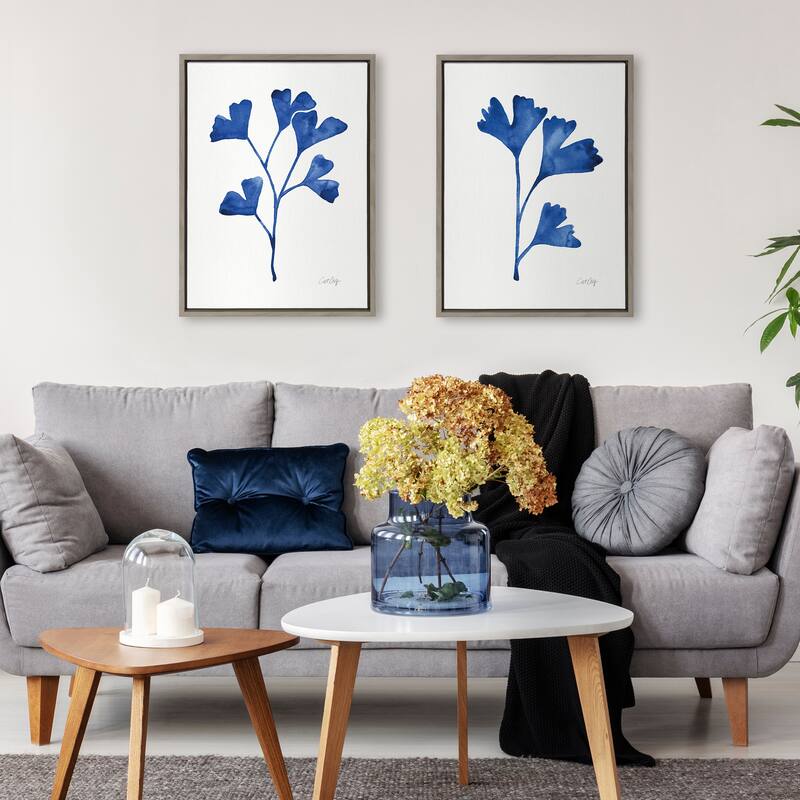 Kate and Laurel Sylvie Navy Ginkgo and Navy Ginkgo Trio Framed Canvas by Cat Coquillette